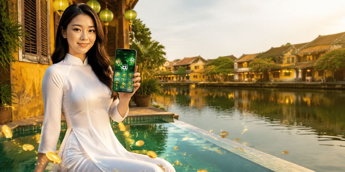 Người dùng Hội An trải nghiệm ứng dụng casino trên điện thoại với trang phục áo dài truyền thống